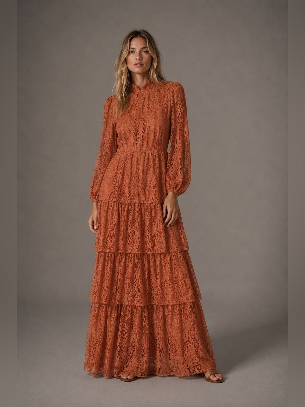 Lace Tiered Maxi Dress | Mock Neck Romantic Formal Gown | Size 6 w/ belt